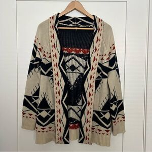 Fate Open Cardigan Sweater Womens Medium Beige Boho Aztec Knit Long Sleeve